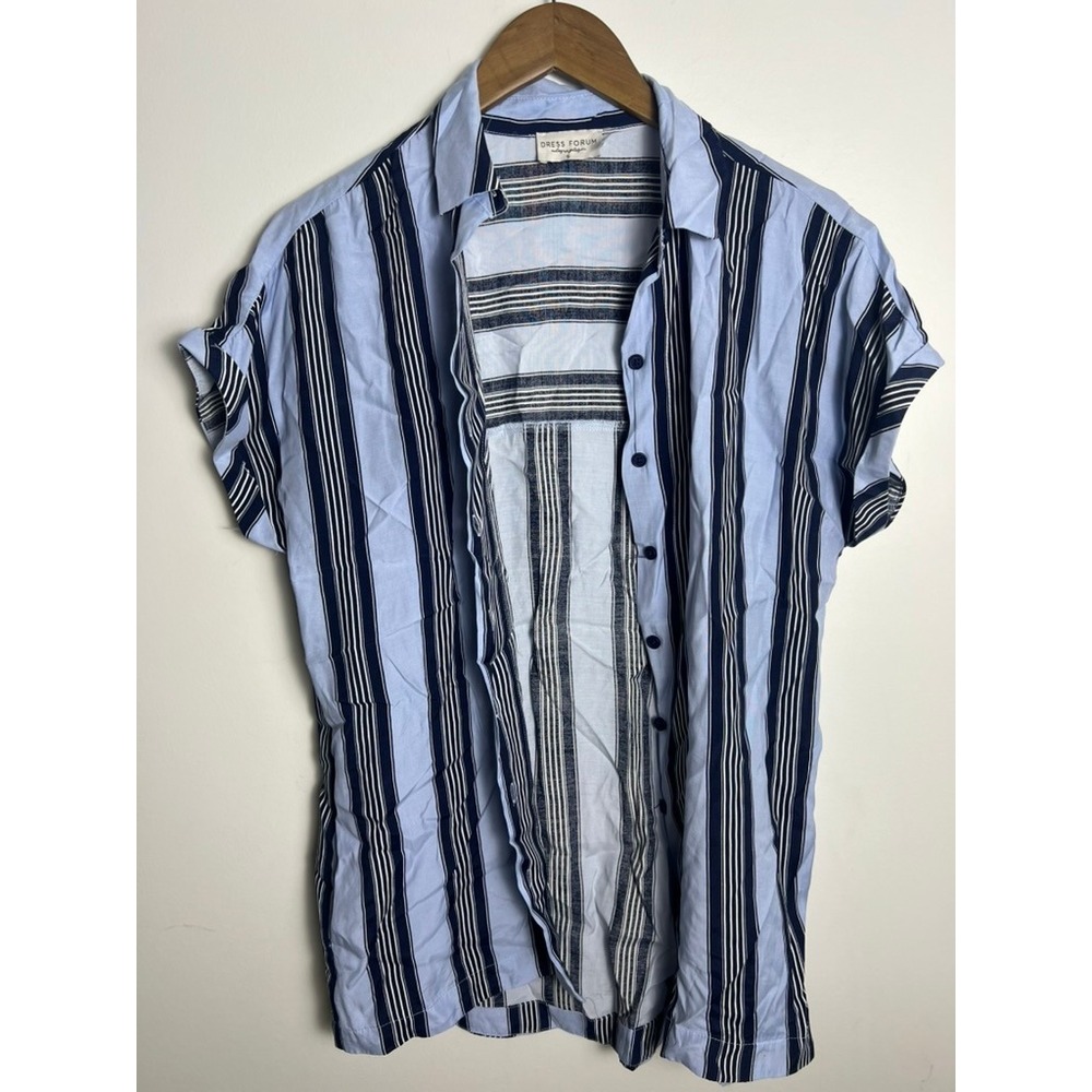 Dress Forum Los Angeles Blue Striped Short Sleeve Viscose Button Down Top Indie
